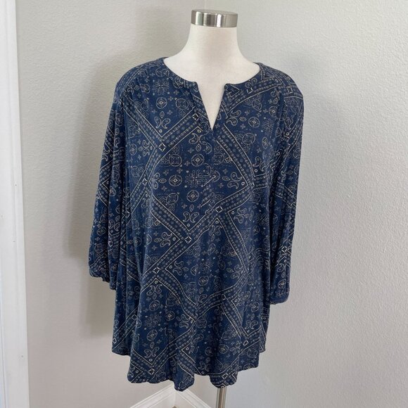 Lucky Brand Womens Plus 3X Tunic Top 3/4 Sleeve V Neck Shirt Boho - Picture 1 of 11